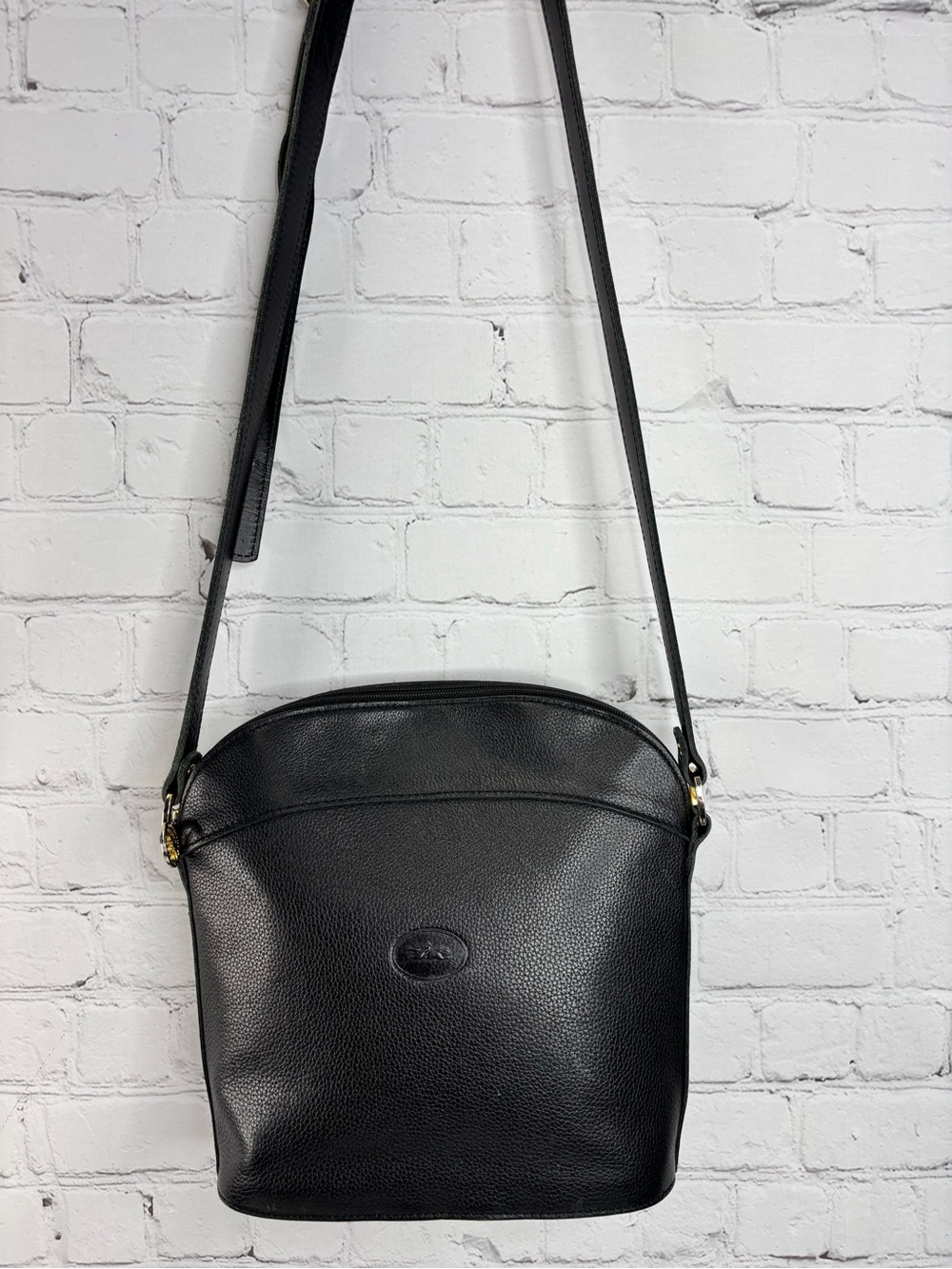 Vintage Longchamp Le Foulonne Dome Crossbody Black Pebbled Leather France